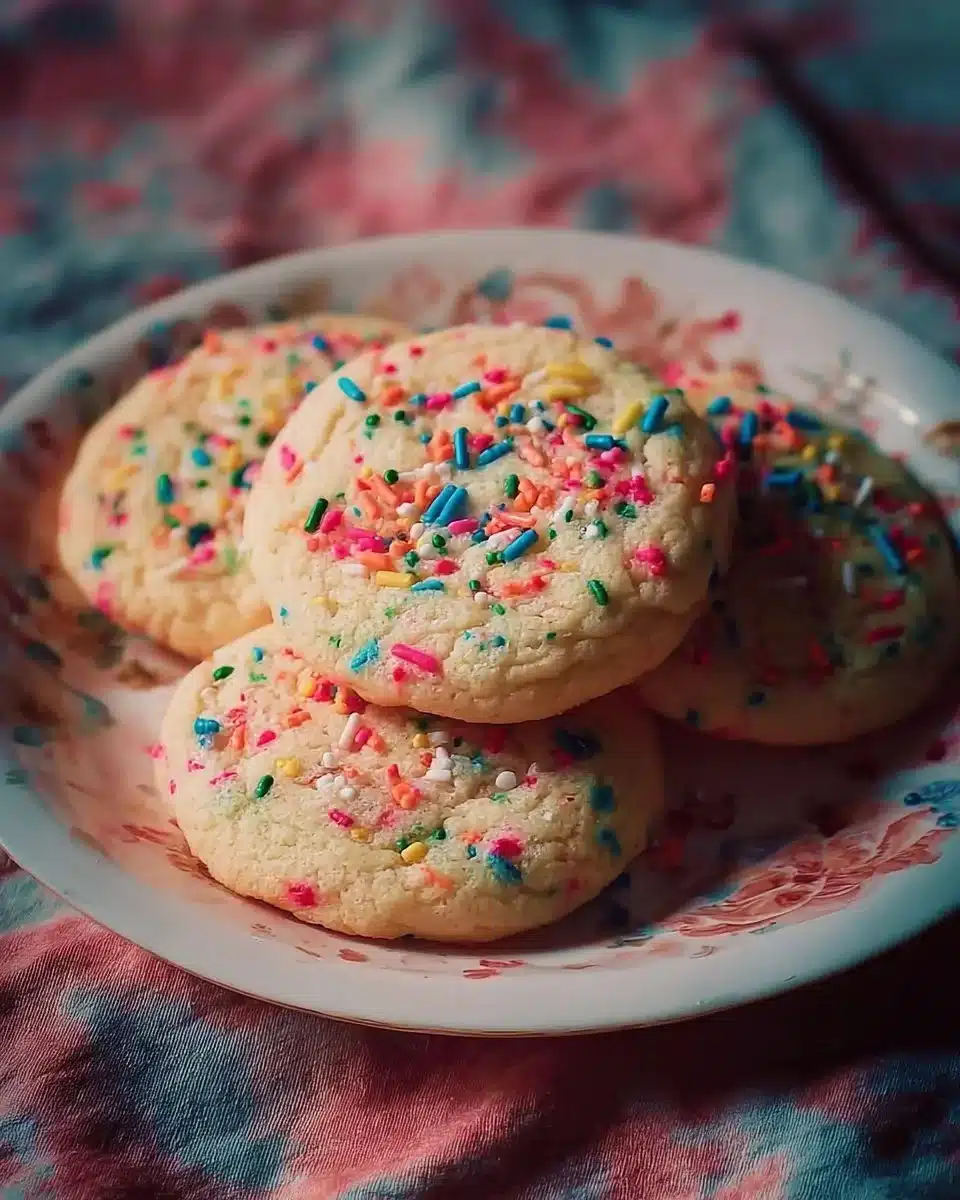 Funfetti Cookies — Soft Sprinkle Cookies Recipe 1 Delicious Funfetti Cookies with colorful sprinkles on a plate