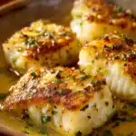 Garlic Butter Baked Cod Fillets served with lemon and herbs