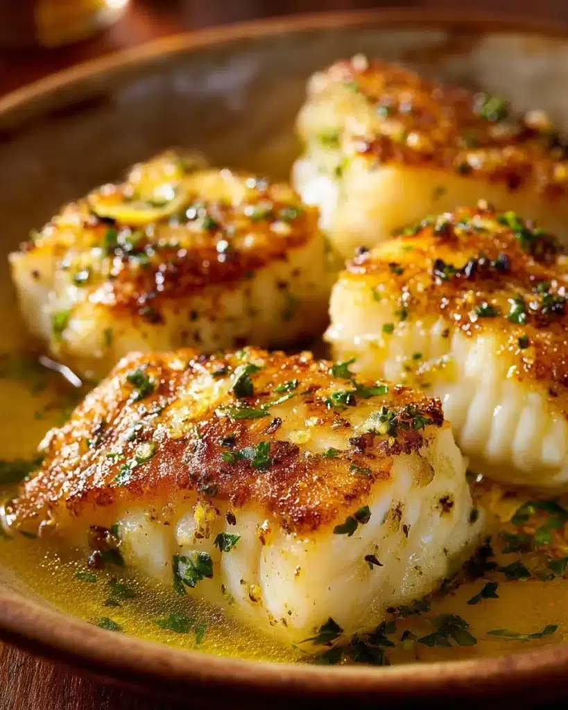 Garlic Butter Baked Cod Fillets served with lemon and herbs