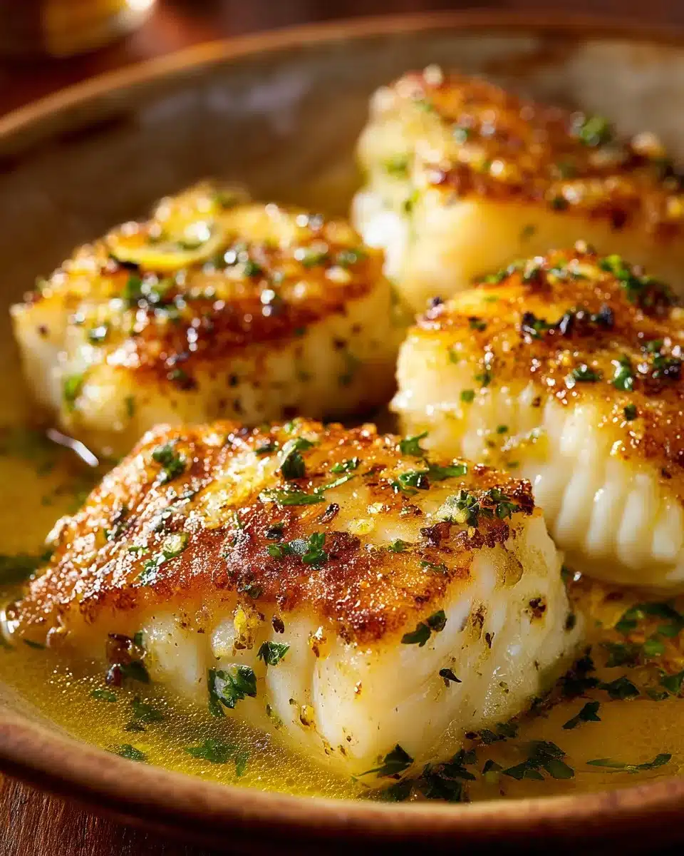 Garlic Butter Baked Cod Fillets served with lemon and herbs