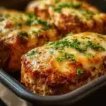Delicious Garlic Parmesan Chicken Meatloaf served with a side of vegetables