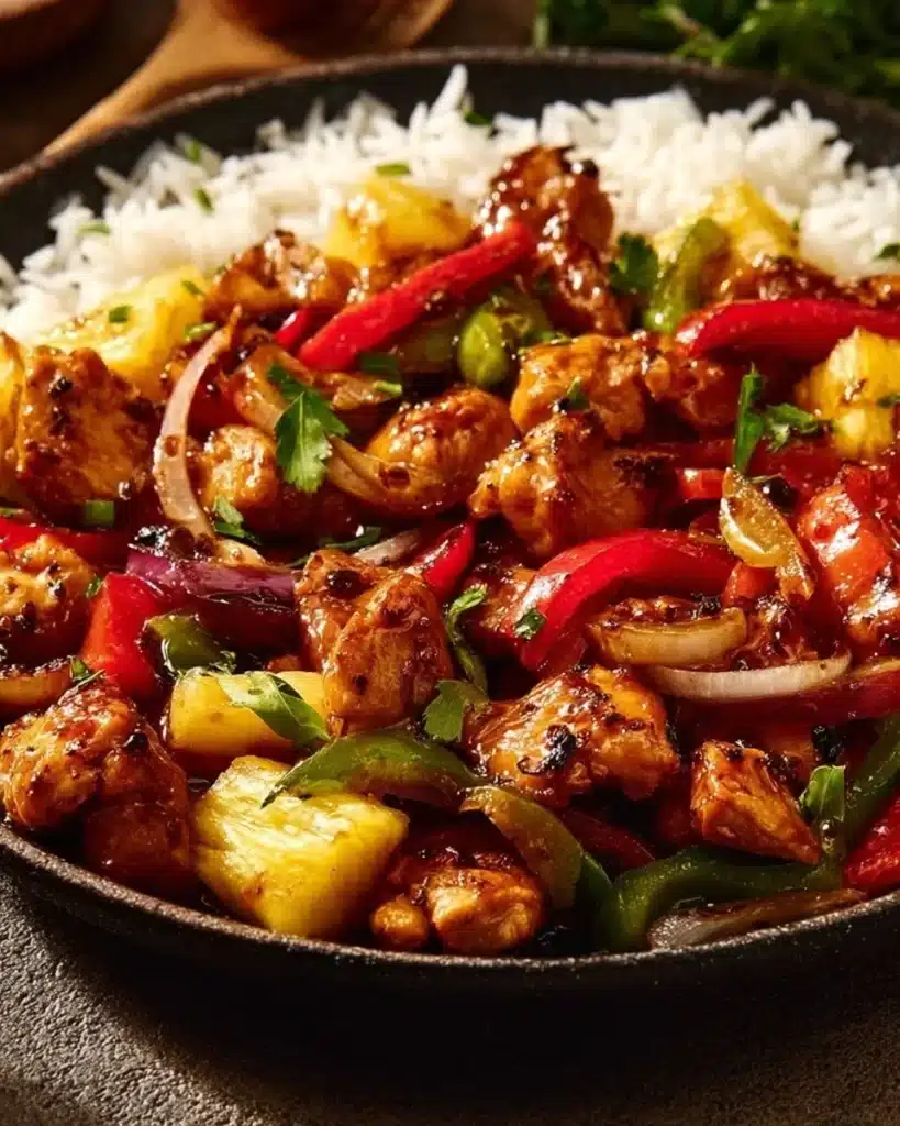 Pan of Hawaiian Chicken with colorful vegetables and pineapple on sheet pan