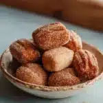 Healthy baked churro bites dusted with cinnamon sugar on a plate.