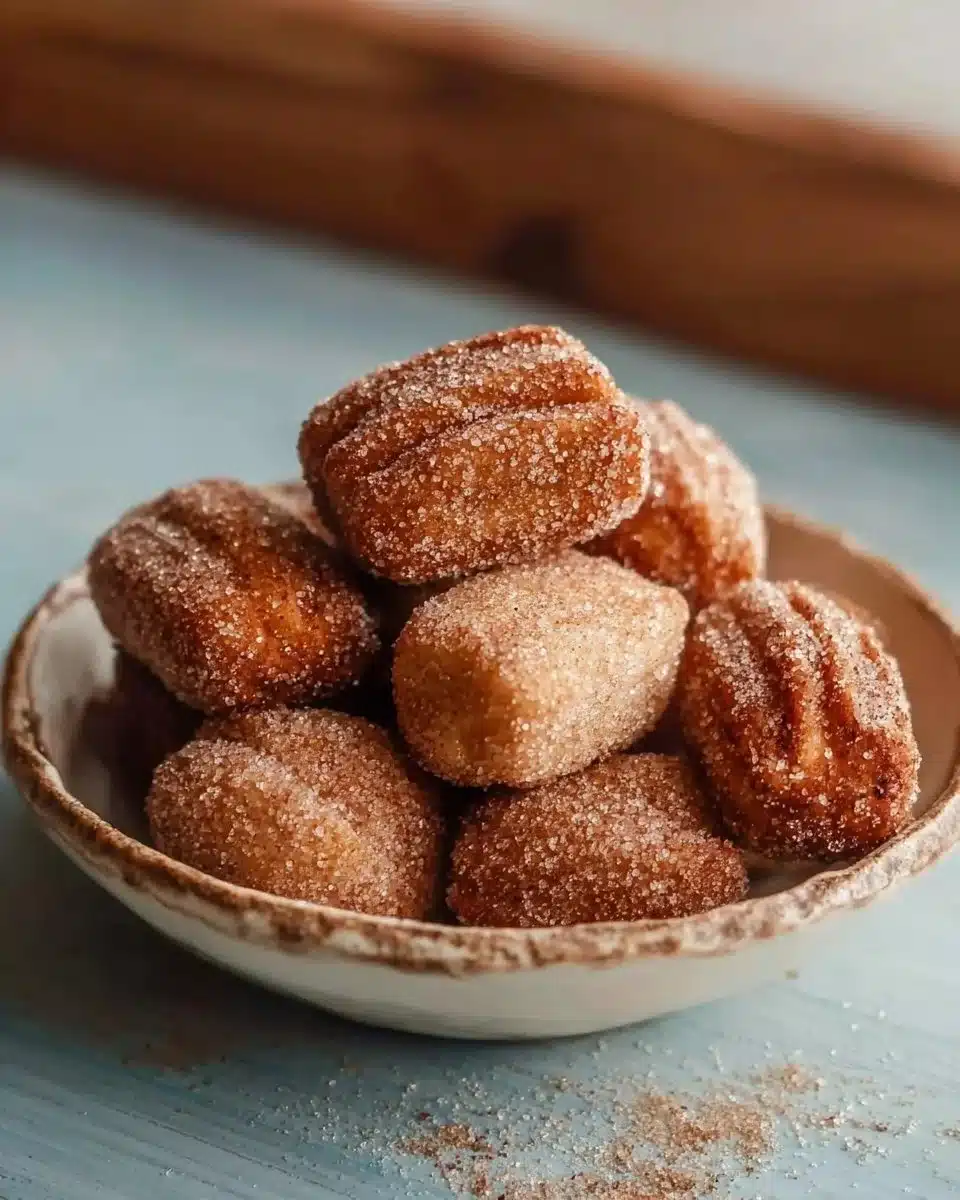 Healthy baked churro bites dusted with cinnamon sugar on a plate.