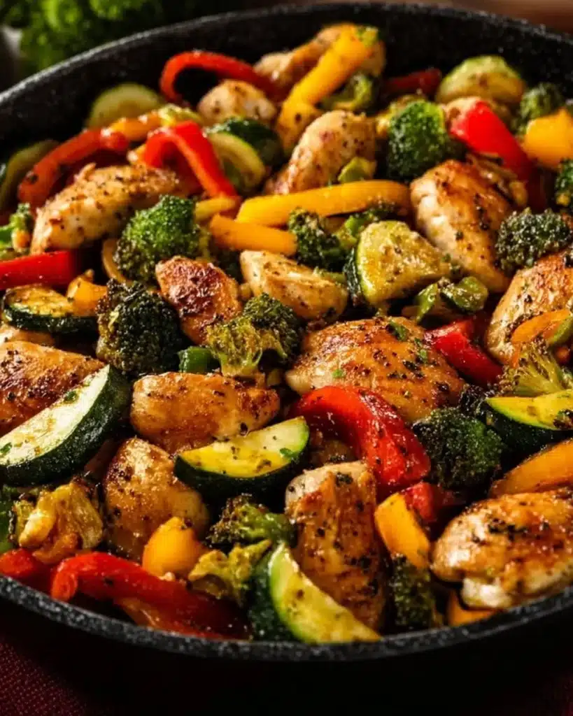 Healthy chicken and vegetables skillet with colorful ingredients in a frying pan.