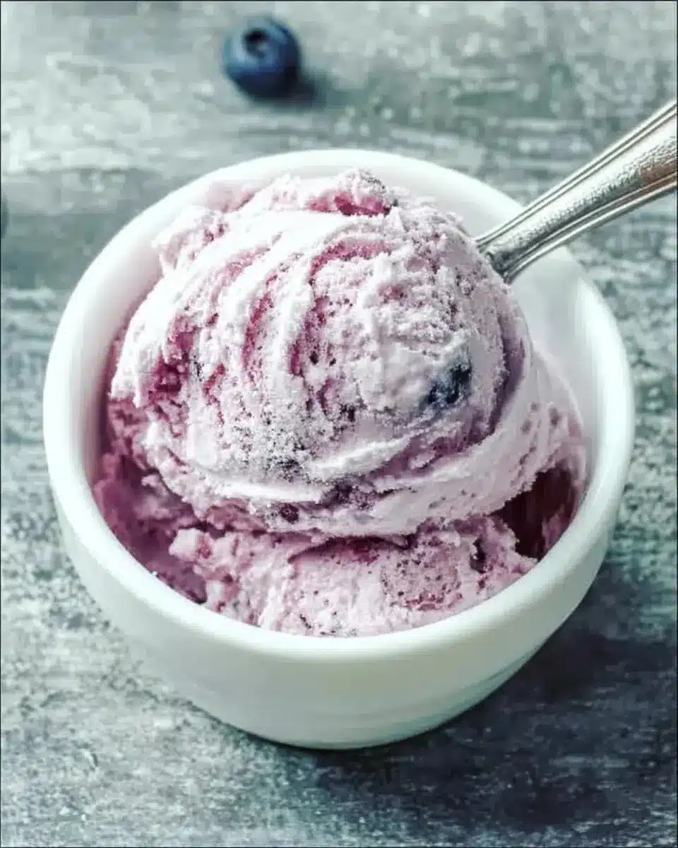 Keto Blueberry Cheesecake Ice Cream 1 Keto Blueberry Cheesecake Ice Cream in a bowl with fresh blueberries.