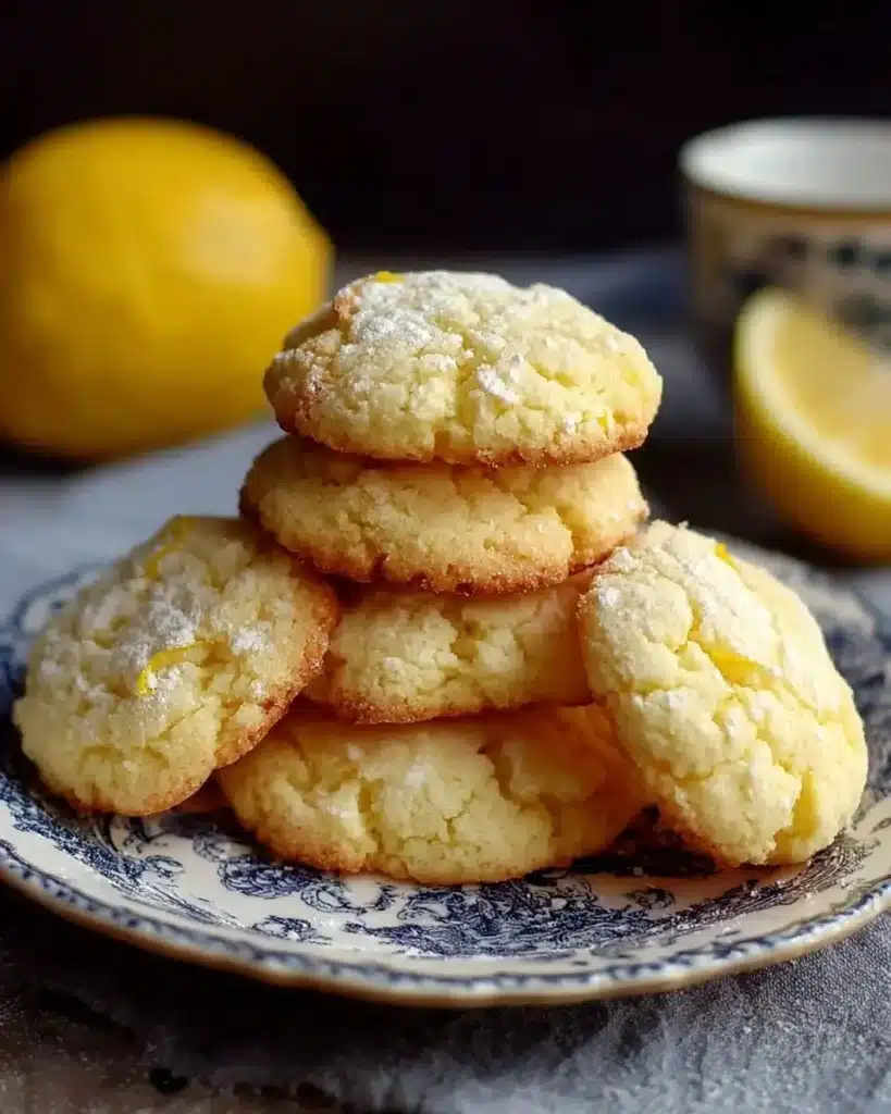 Delicious lemon cake mix cookies stacked on a plate, perfect for a sweet treat.