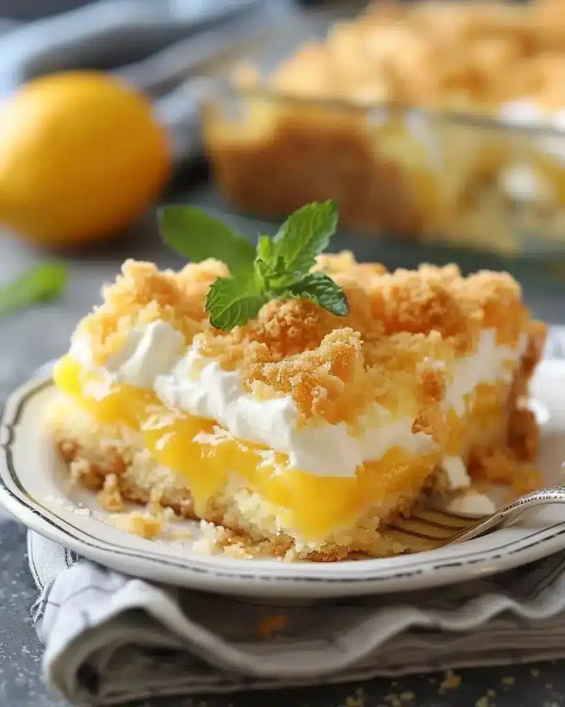 Lemon Cream Cheese Dump Cake served on a plate with lemon slices and mint garnish.
