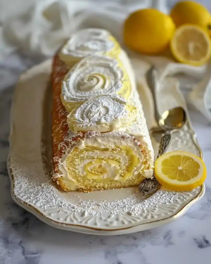 Lemon Cream Swiss Roll dessert with fresh lemon zest and cream filling