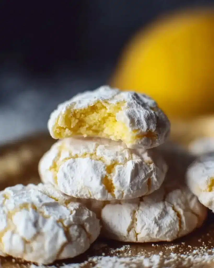 Freshly baked Lemon Crinkle Cookies dusted with powdered sugar.