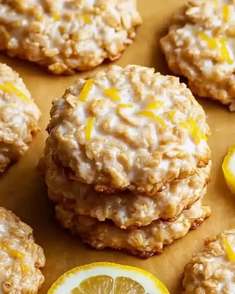 Lemon oatmeal no-bake cookies on a plate with a fresh lemon