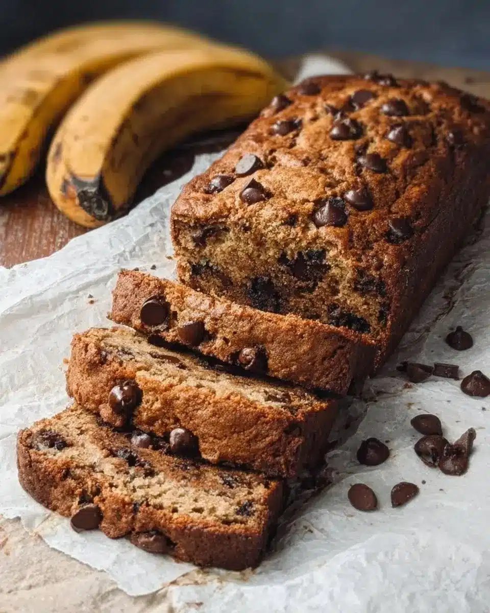 Light, Moist Chocolate Chip Banana Bread 1 Light and moist chocolate chip banana bread slice on a wooden table.