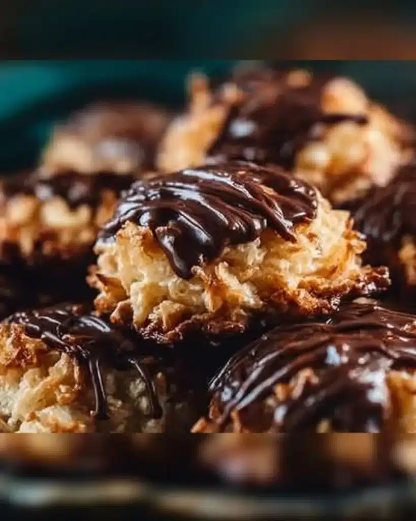 No Bake Samoa Cookies with chocolate, caramel, and coconut layers