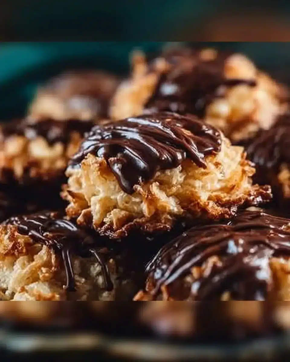 No Bake Samoa Cookies with chocolate, caramel, and coconut layers