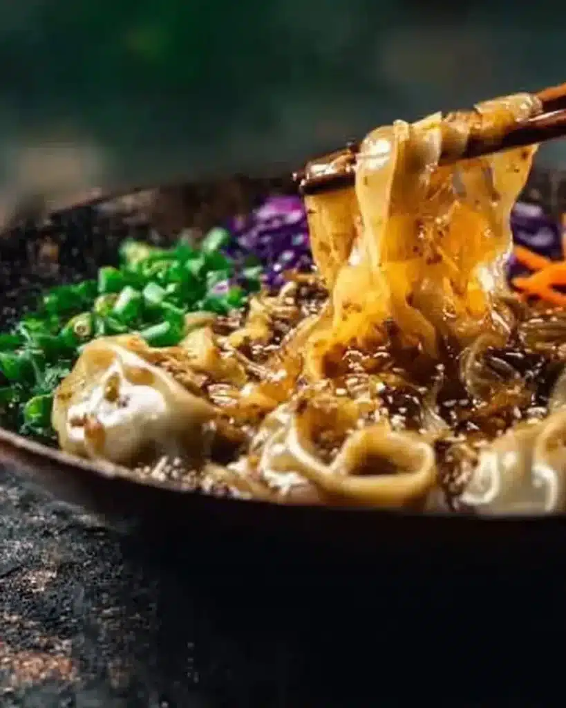 Delicious Potsticker Noodle Bowl served in a vibrant bowl with chopsticks