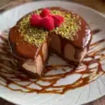 Silky chocolate bliss cheesecake topped with chocolate shavings and berries.