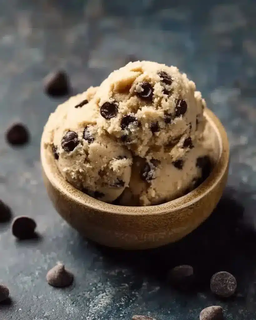 Single-serve chocolate chip edible dough in a bowl with chocolate chips