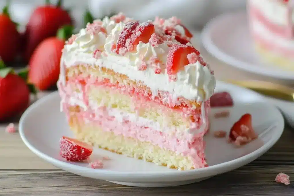 Delicious strawberry crunch cheesecake with a creamy filling and crunchy topping