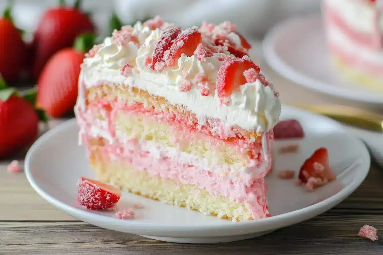 Strawberry Crunch Cheesecake 1 Delicious strawberry crunch cheesecake with a creamy filling and crunchy topping