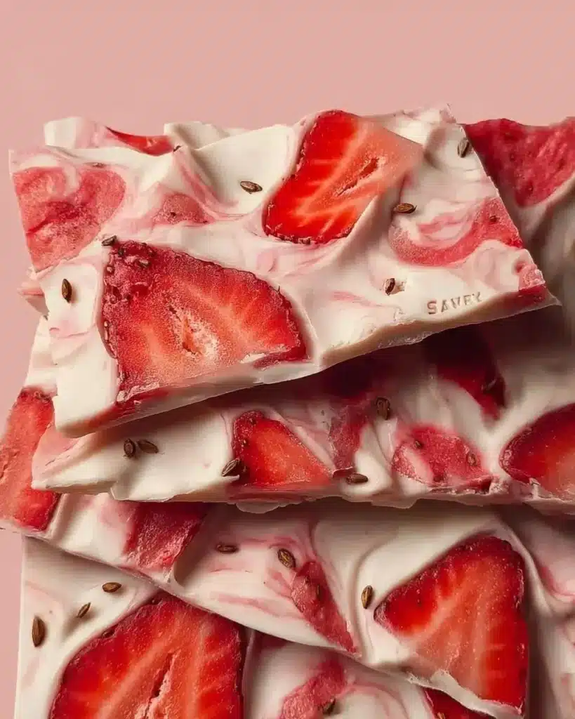 Delicious strawberry yogurt bark topped with fresh strawberries and nuts
