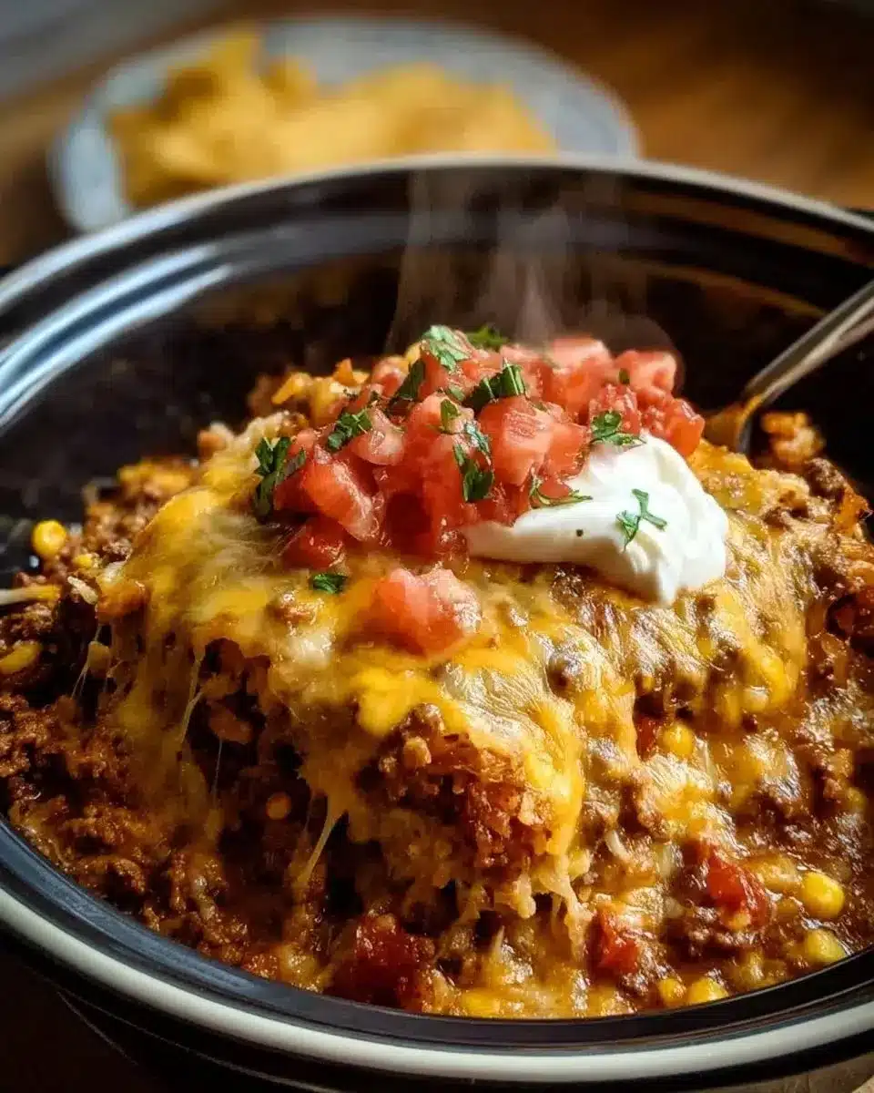 Crockpot Taco Bake dish ready to serve, deliciously baked for a large group.