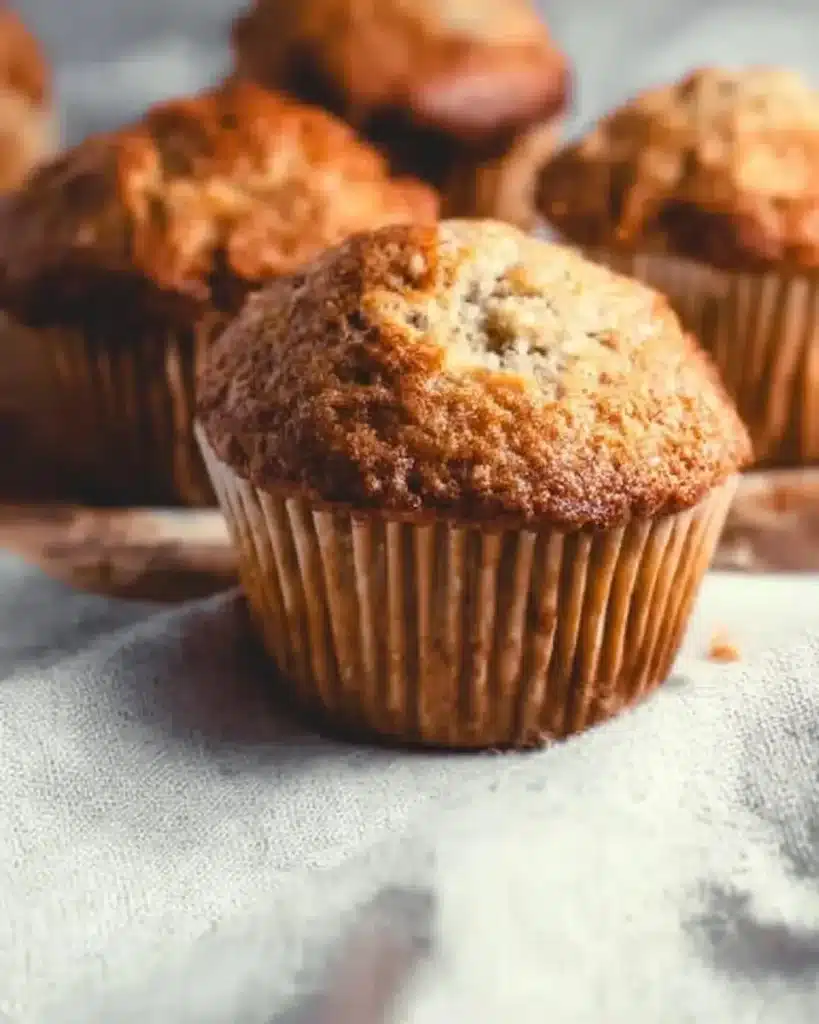 Delicious vegan banana muffins on a wooden table with fresh bananas.
