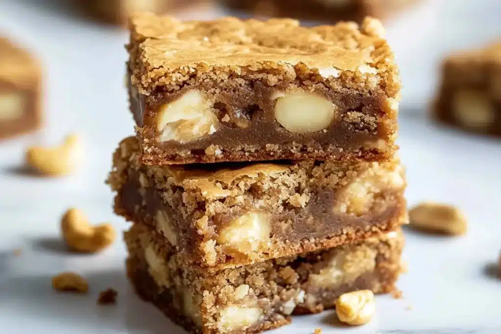 Delicious white chocolate blondies topped with chocolate chips and nuts