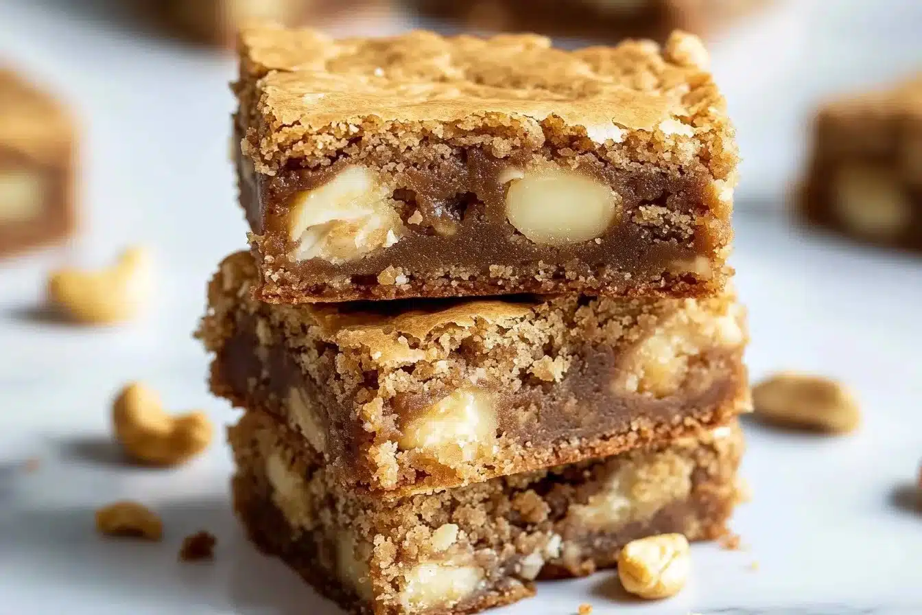 Delicious white chocolate blondies topped with chocolate chips and nuts