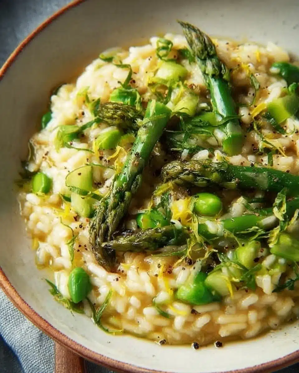 Delicious asparagus risotto served in a bowl with fresh herbs