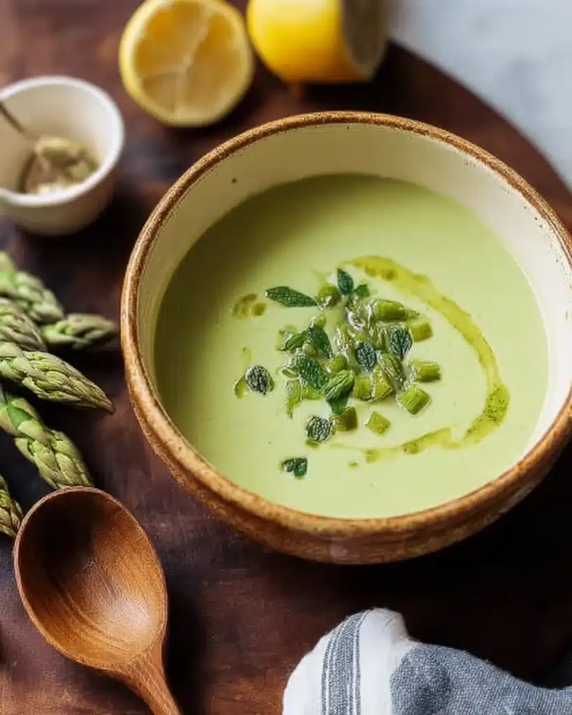 Bowl of creamy asparagus soup garnished with fresh herbs and croutons