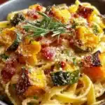 Bowl of autumn sausage pasta topped with herbs and cheese