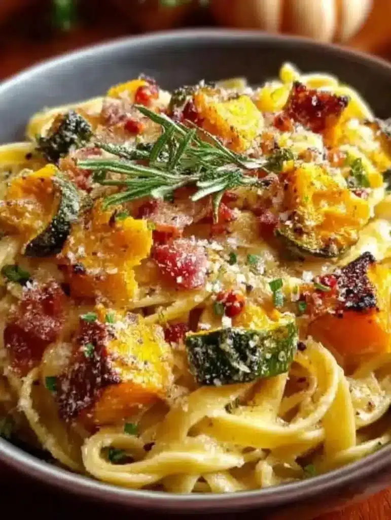 Bowl of autumn sausage pasta topped with herbs and cheese