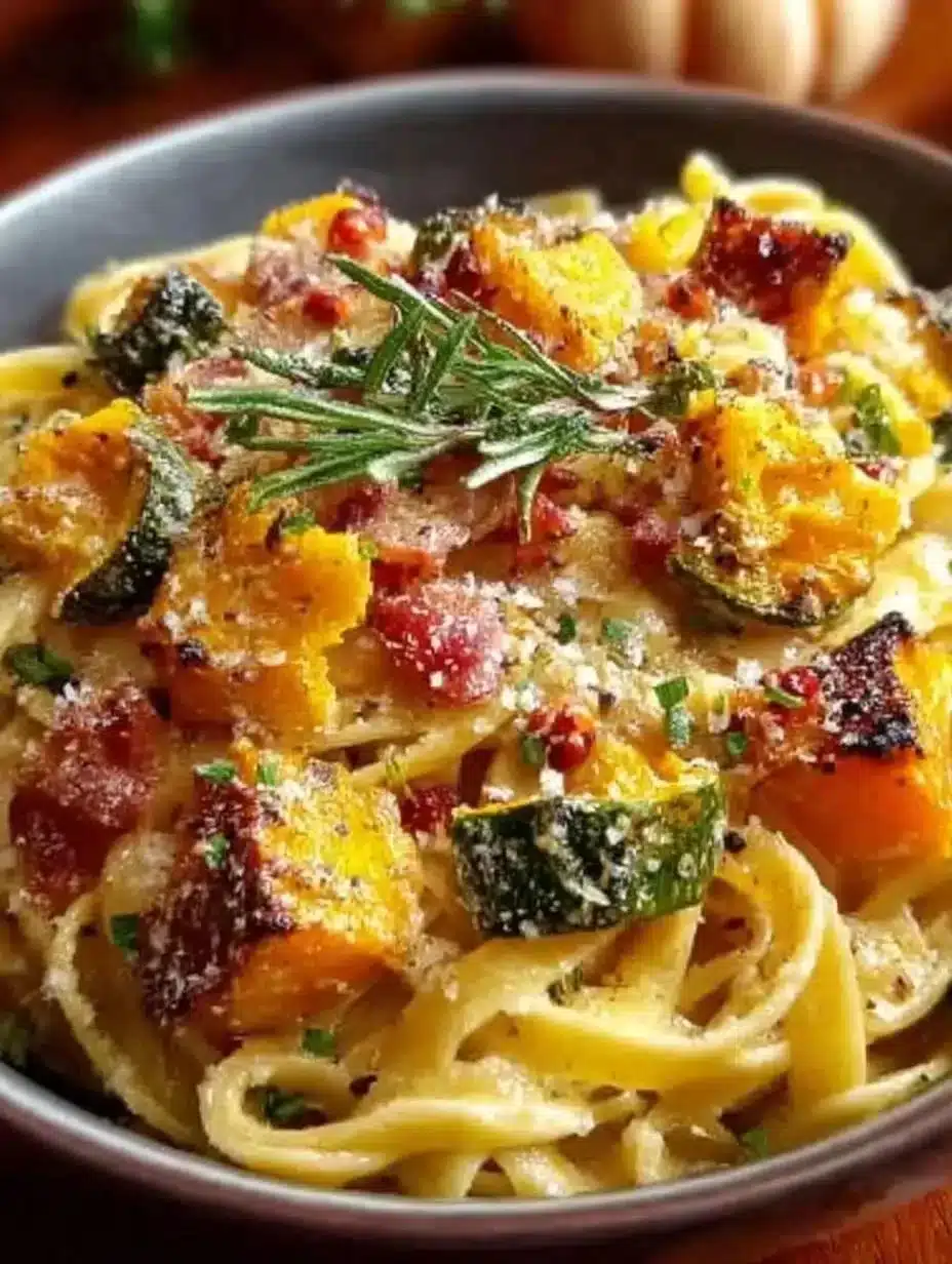 Bowl of autumn sausage pasta topped with herbs and cheese