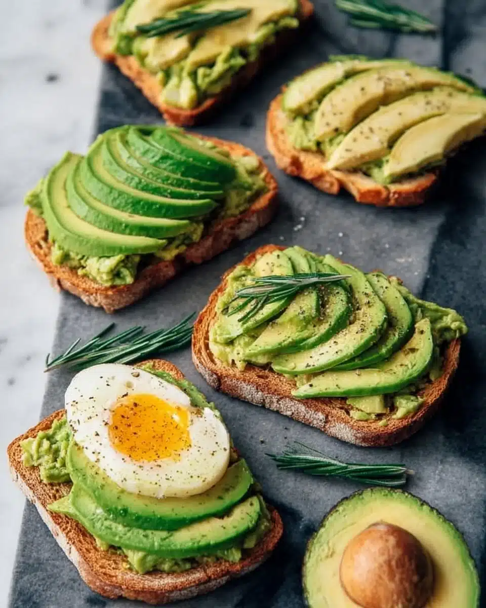 Delicious avocado toast topped with cherry tomatoes and herbs on a wooden table.