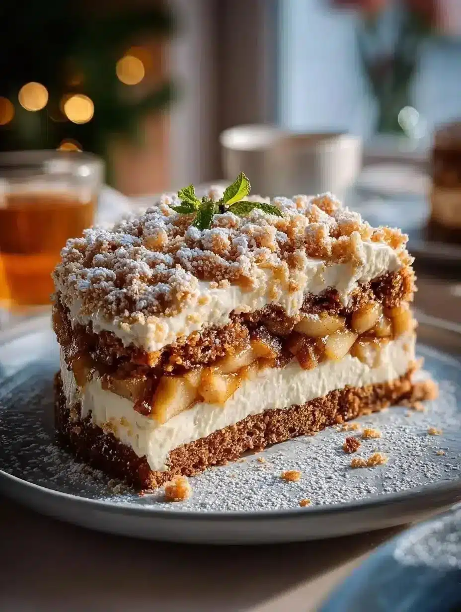 Delicious Baked Apple Cake displayed on a festive Christmas table