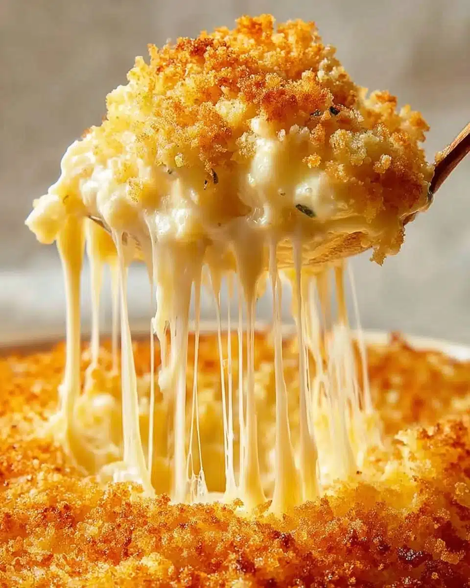 Delicious baked mac and cheese topped with breadcrumbs and cheese