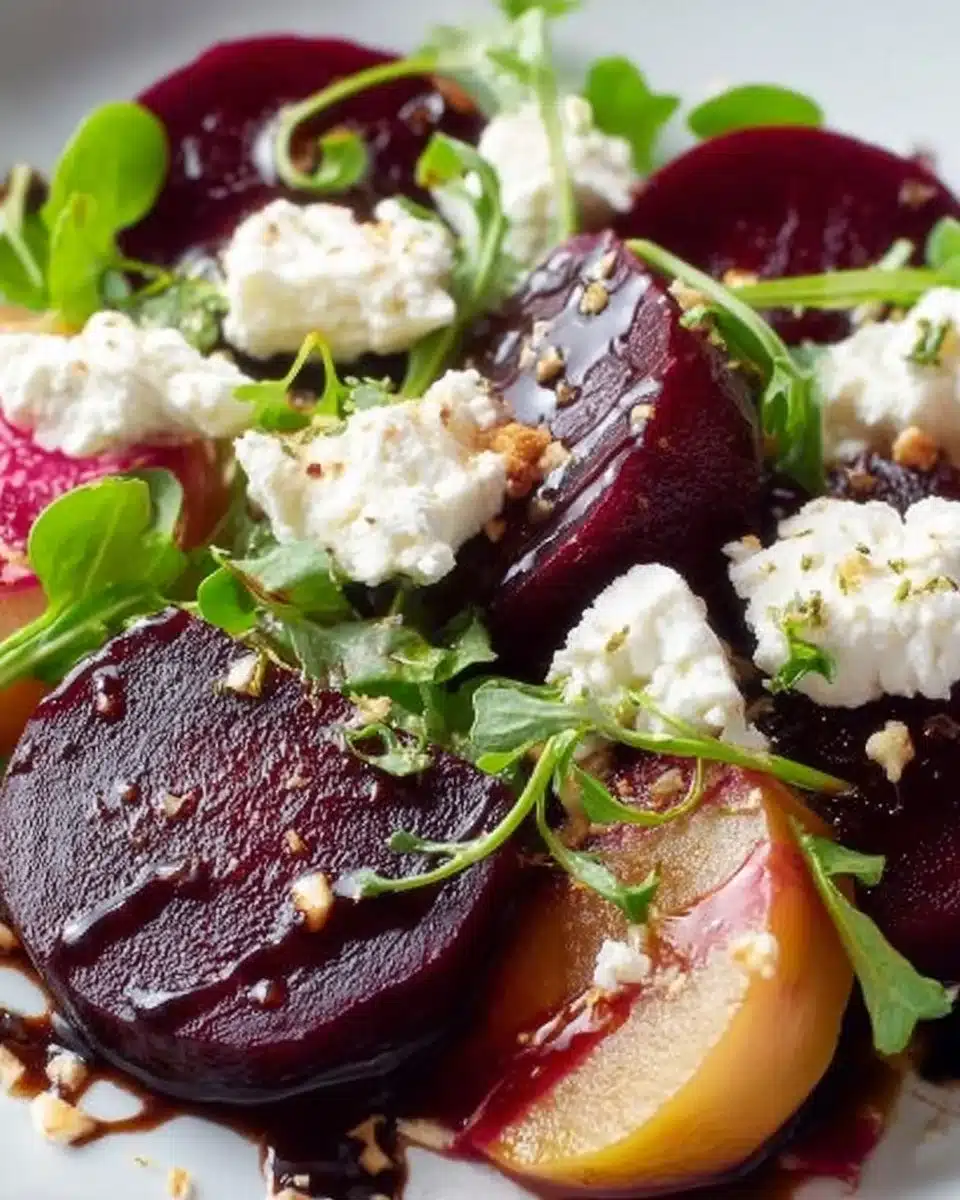 Vibrant beet salad topped with goat cheese and drizzled with balsamic glaze.
