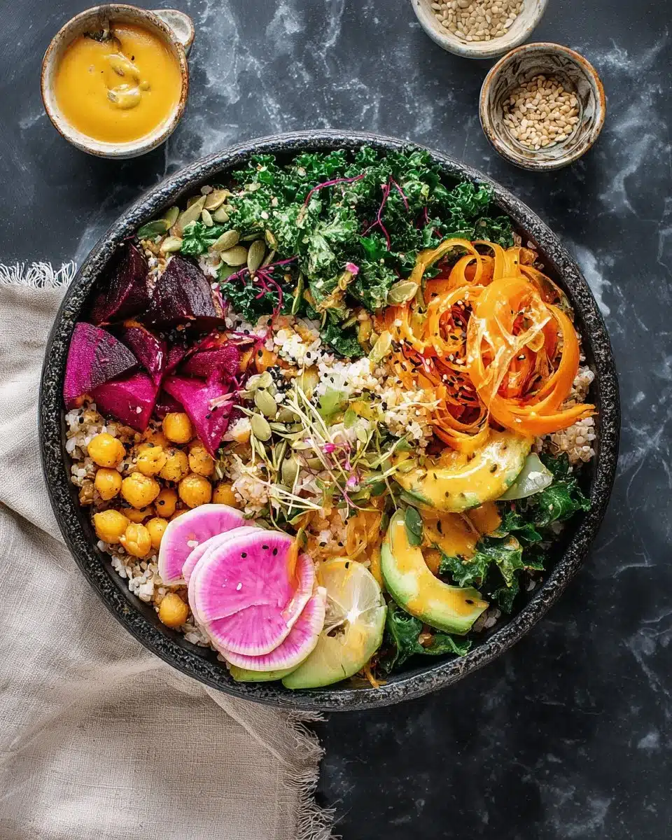 Colorful and nutritious Buddha bowl filled with fresh vegetables and grains