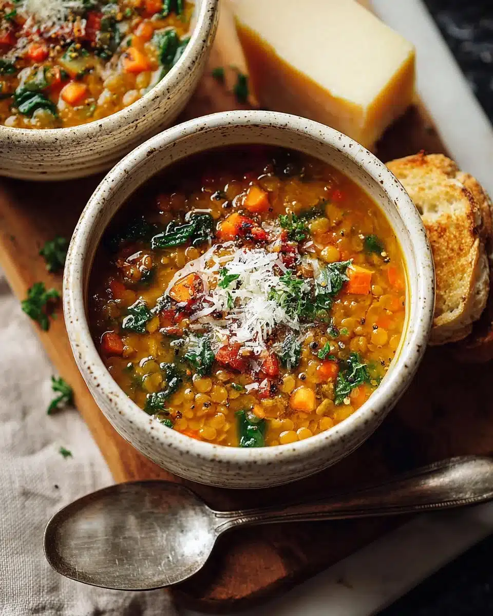 Bowl of delicious homemade lentil soup garnished with herbs