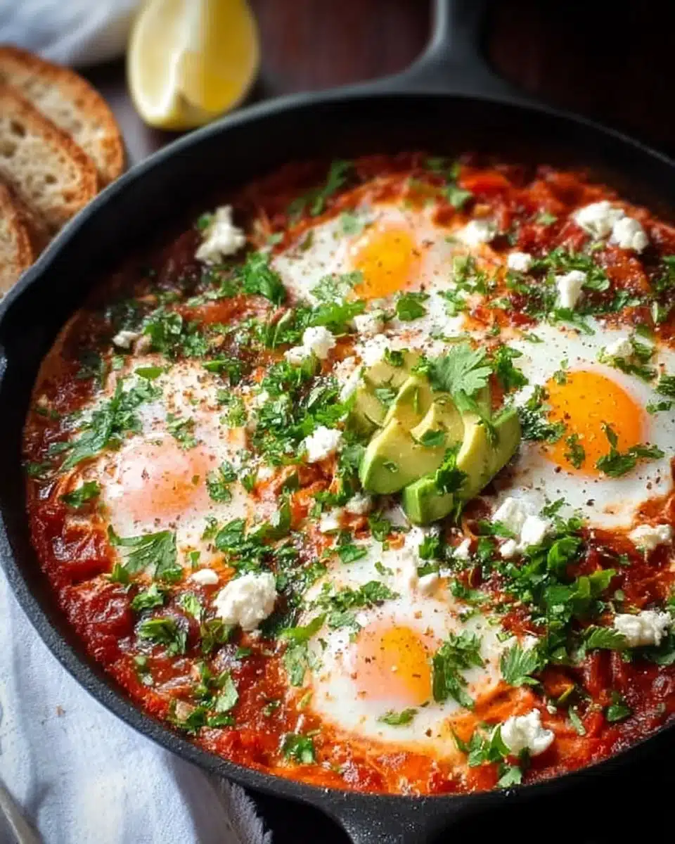 Delicious shakshuka served in a cast-iron skillet with vibrant tomatoes and eggs.