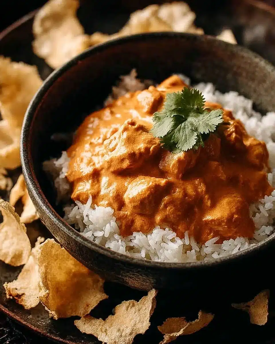 Delicious Butter Chicken served with rice and naan on a wooden table
