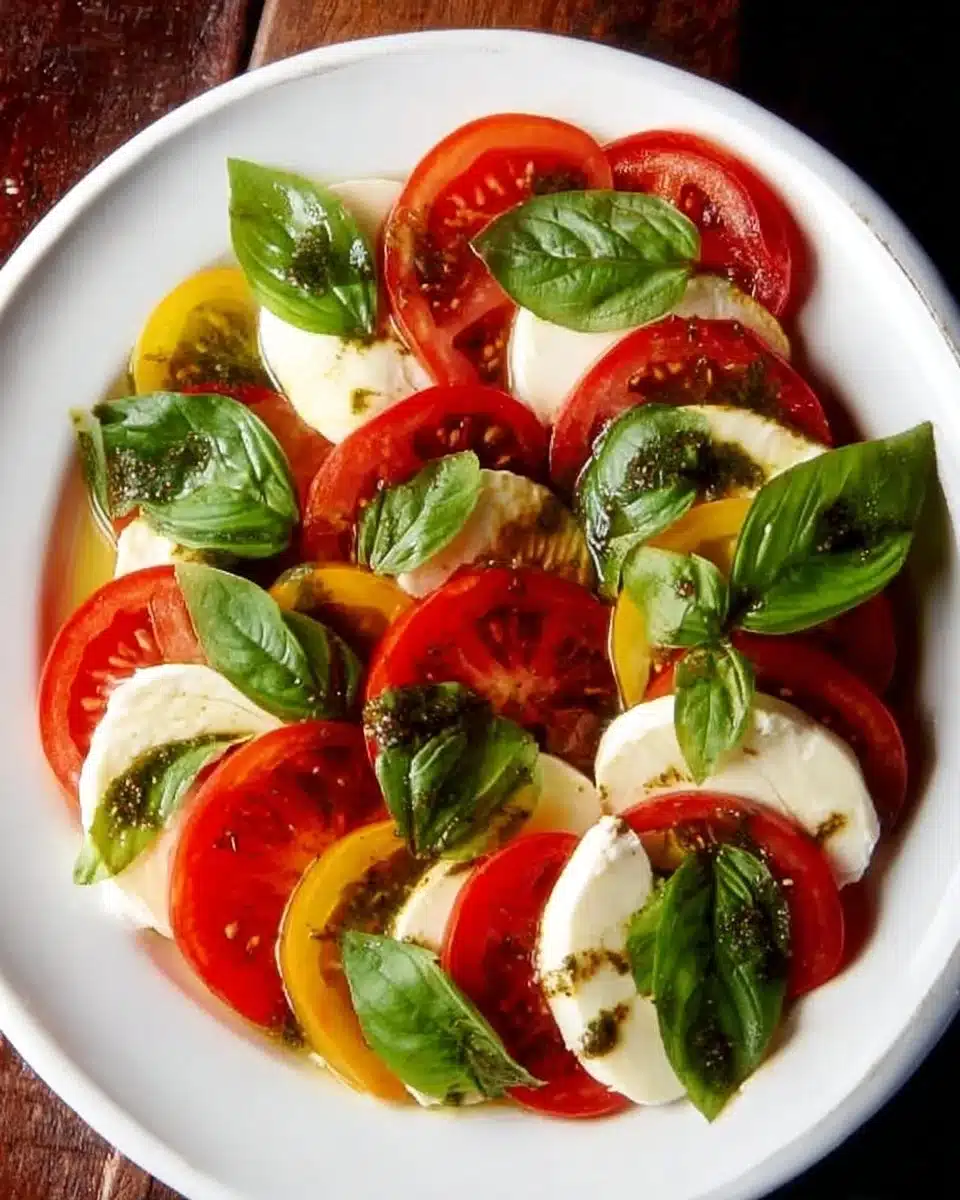 Fresh Caprese Salad with tomatoes, mozzarella, and basil on a plate.