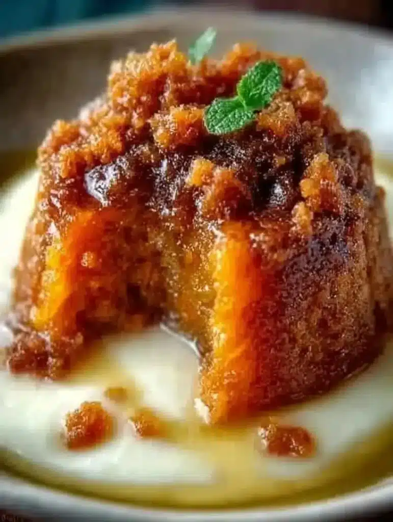 Delicious carrot pudding topped with rich brown sugar sauce