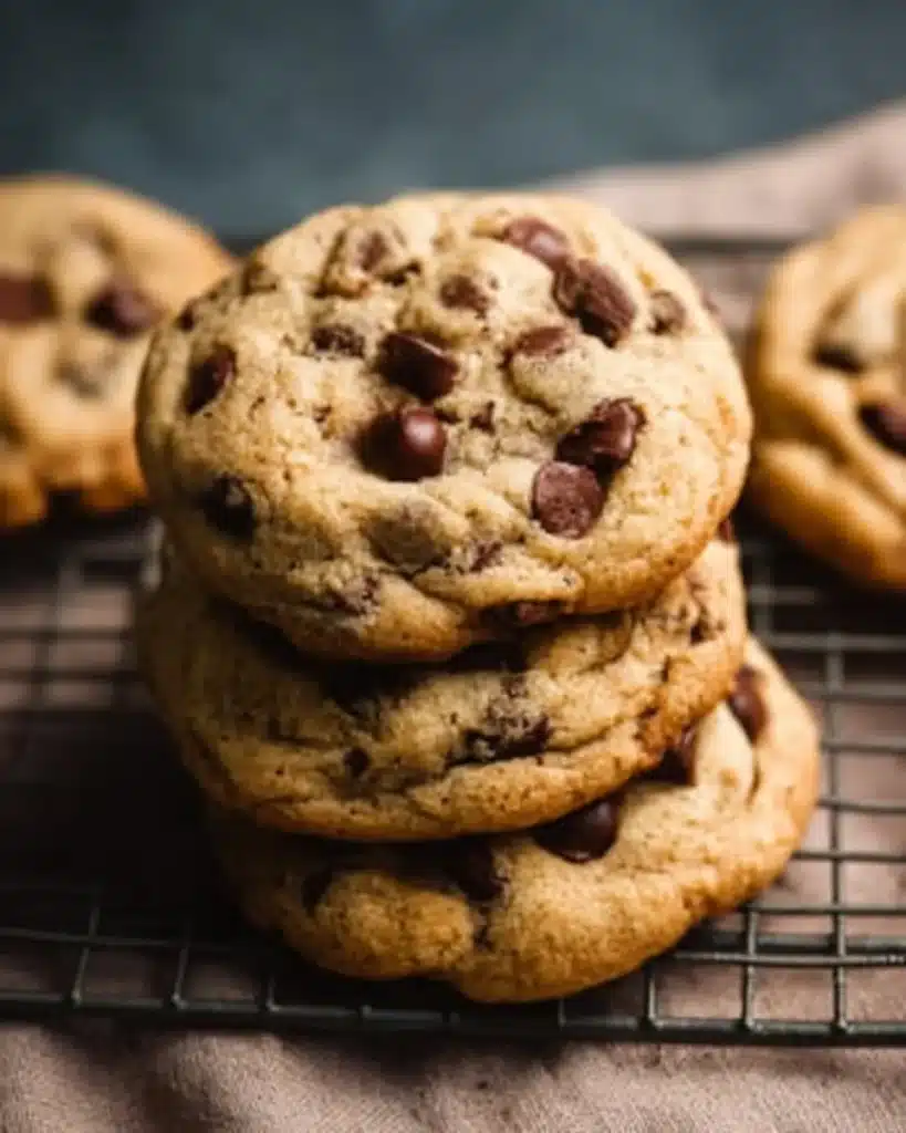 Freshly baked chewy chocolate chip cookies on a cooling rack