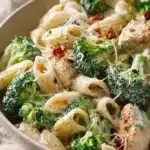 Creamy Chicken Broccoli Alfredo served in a bowl with fresh broccoli and pasta