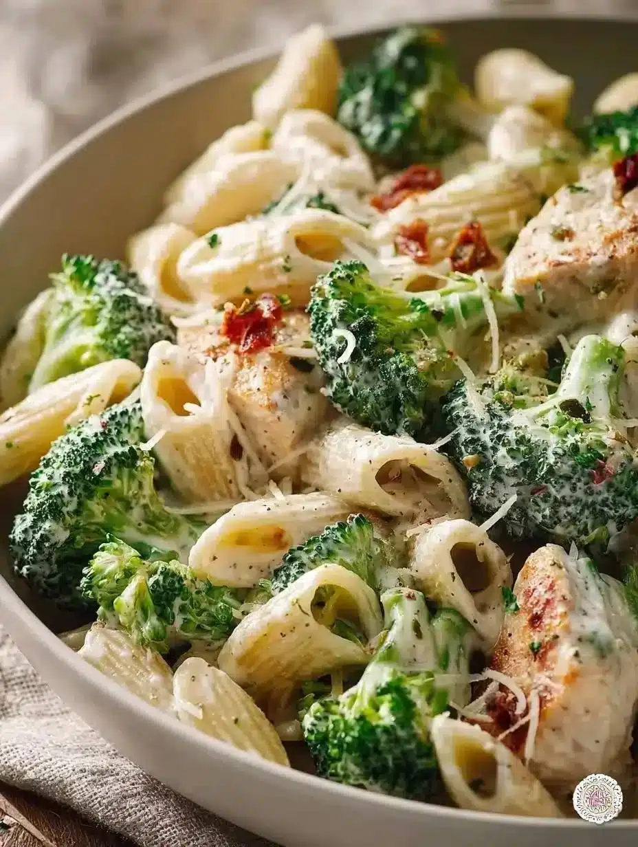 Creamy Chicken Broccoli Alfredo served in a bowl with fresh broccoli and pasta