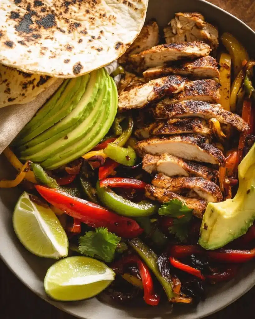 Delicious Chicken Fajitas served with colorful peppers and tortillas