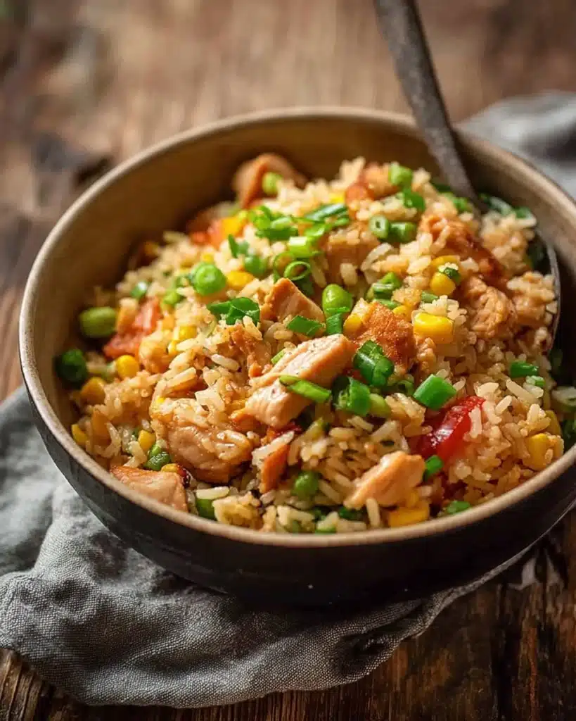 Delicious Chicken Fried Rice served in a bowl with vegetables and chicken pieces.