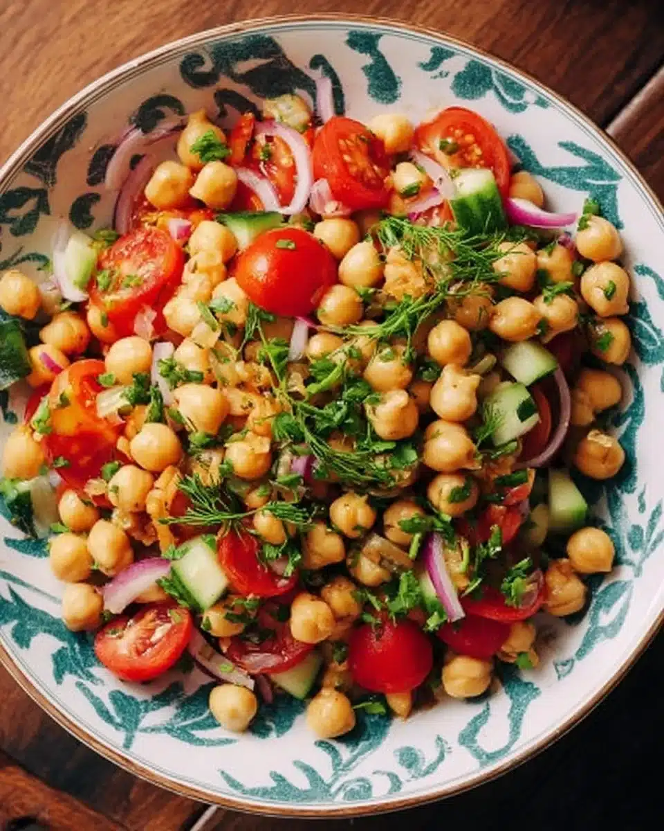 Vibrant chickpea salad with fresh vegetables and herbs in a bowl