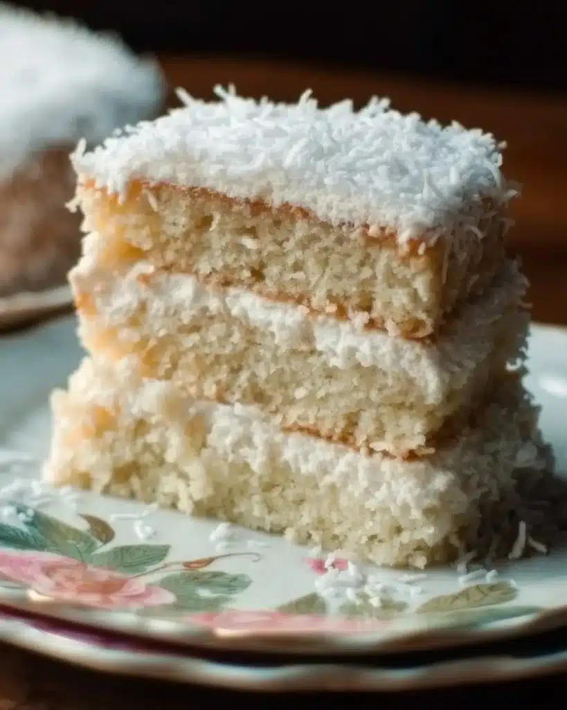 Delicious homemade Coconut Cake with creamy frosting and coconut flakes